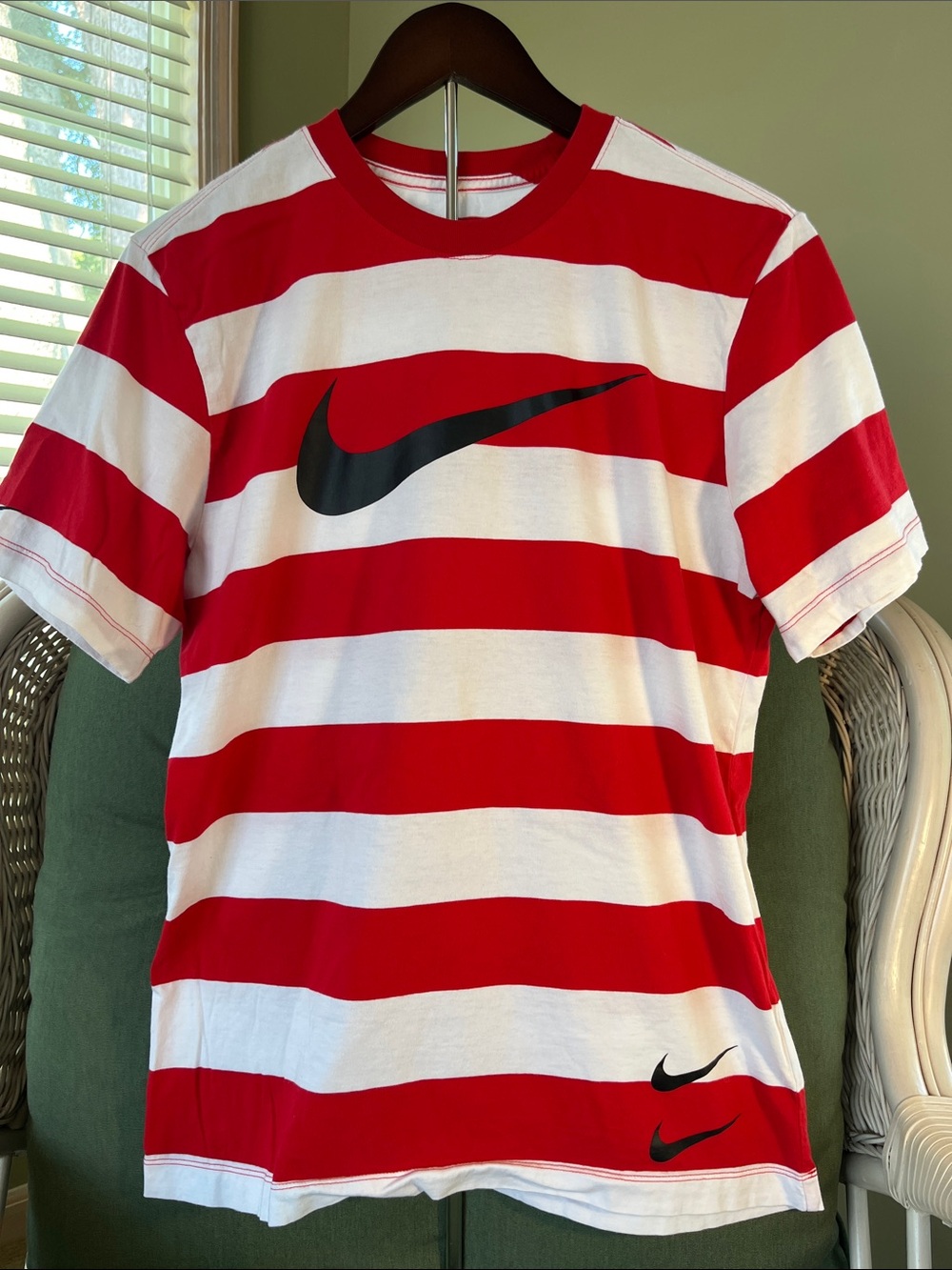 Nike Red and White Striped Short Sleeve Tee with Black Swoosh